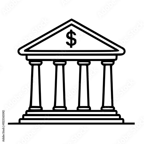 Black and white illustration of a bank building with classical pillars and a dollar symbol, representing financial institutions and economic concepts.