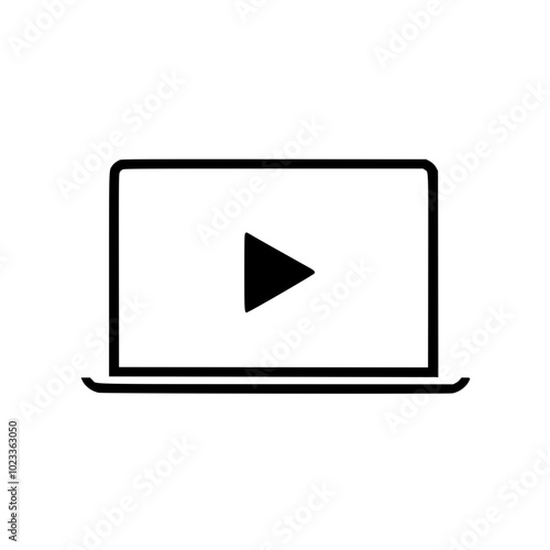 Minimalistic black laptop icon with a central play button symbol, representing digital media streaming or video playback functionality on a device.