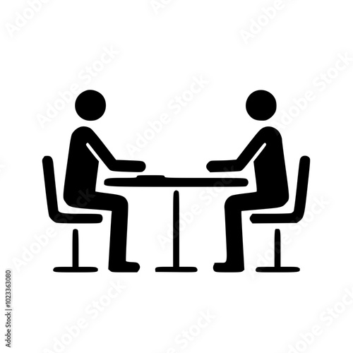 Icon of two people sitting across from each other at a table, conveying a conversation or meeting scenario in a simplistic, black and white stick figure style.