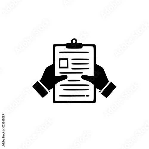 Black and white icon of hands holding a clipboard with a document, symbolizing review or examination of written content on a clear background.