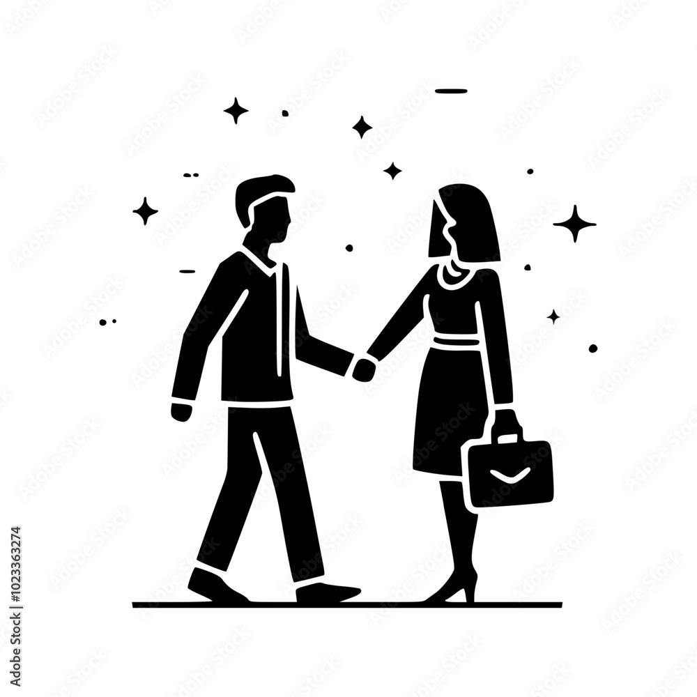 Silhouetted vector illustration of a man and woman in business attire shaking hands, symbolizing partnership and collaboration against a backdrop of stars. Silhouetted vector illustration of a man and woman in business attire shaking hands, symbolizing partnership and collaboration against a backdrop of stars.