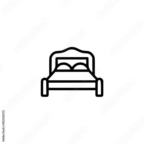 Minimalistic black and white line drawing of a double bed icon with pillows on a white background, representing sleep and comfort in a simple design.