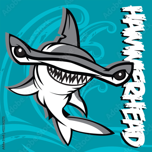 Vector hammerhead shark print. Large shark with teeth, text and a  wave on a blue background.