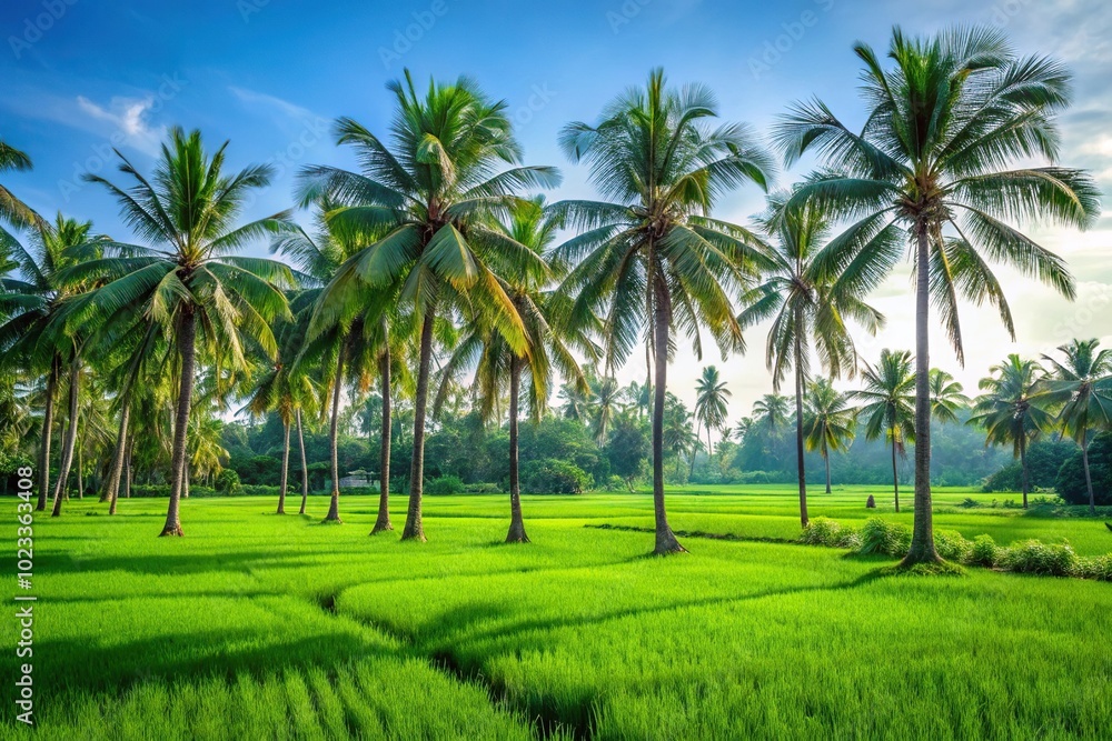 Green agricultural field with palm trees seen from a tilted angle Green agricultural field with palm trees seen from a tilted angle