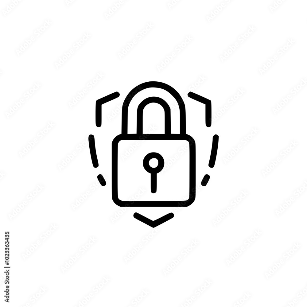 Minimalist black and white icon of a padlock enclosed within a shield, symbolizing security and protection. Minimalist black and white icon of a padlock enclosed within a shield, symbolizing security and protection.