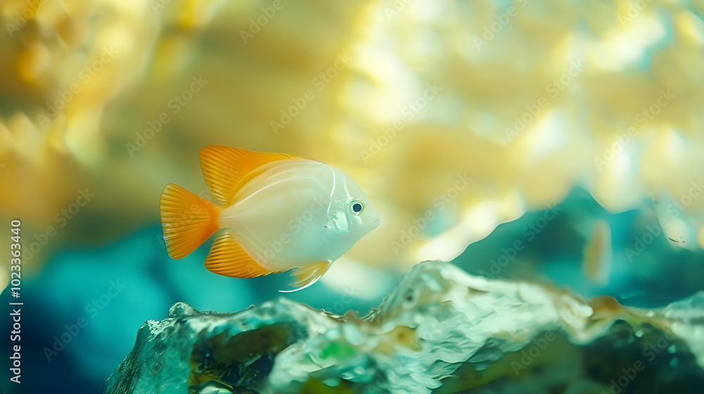 Obraz premium Tropical Fish Swimming in Aquarium with Blurred Rocks and Plants, showcasing vibrant colors of an exotic fish.