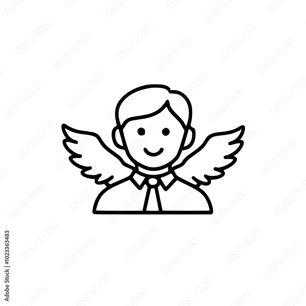 Fototapeta premium Simple line art icon of a smiling person with angel wings, symbolizing innocence or guidance.