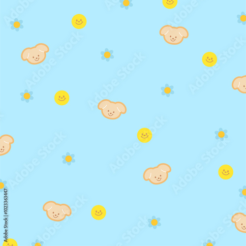 Cute pattern of puppy, flower on blue background for animal print, wallpaper, backdrop, gift wrap, packaging, souvenir shop, spring, summer fabric, pet cloth, paper design, card, dog pattern, pyjamas