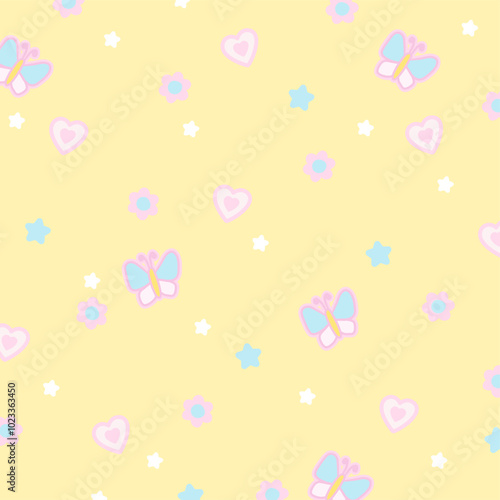 Cute pattern of butterfly, flower, heart on pastel yellow background for blossom print, wallpaper, backdrop, gift wrap, packaging, souvenir shop, spring, summer fabric, pet clothes, paper design, card