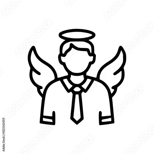 Black and white line drawing icon of a person with angel wings and halo, wearing a tie, symbolizing purity, guidance, and professional integrity.