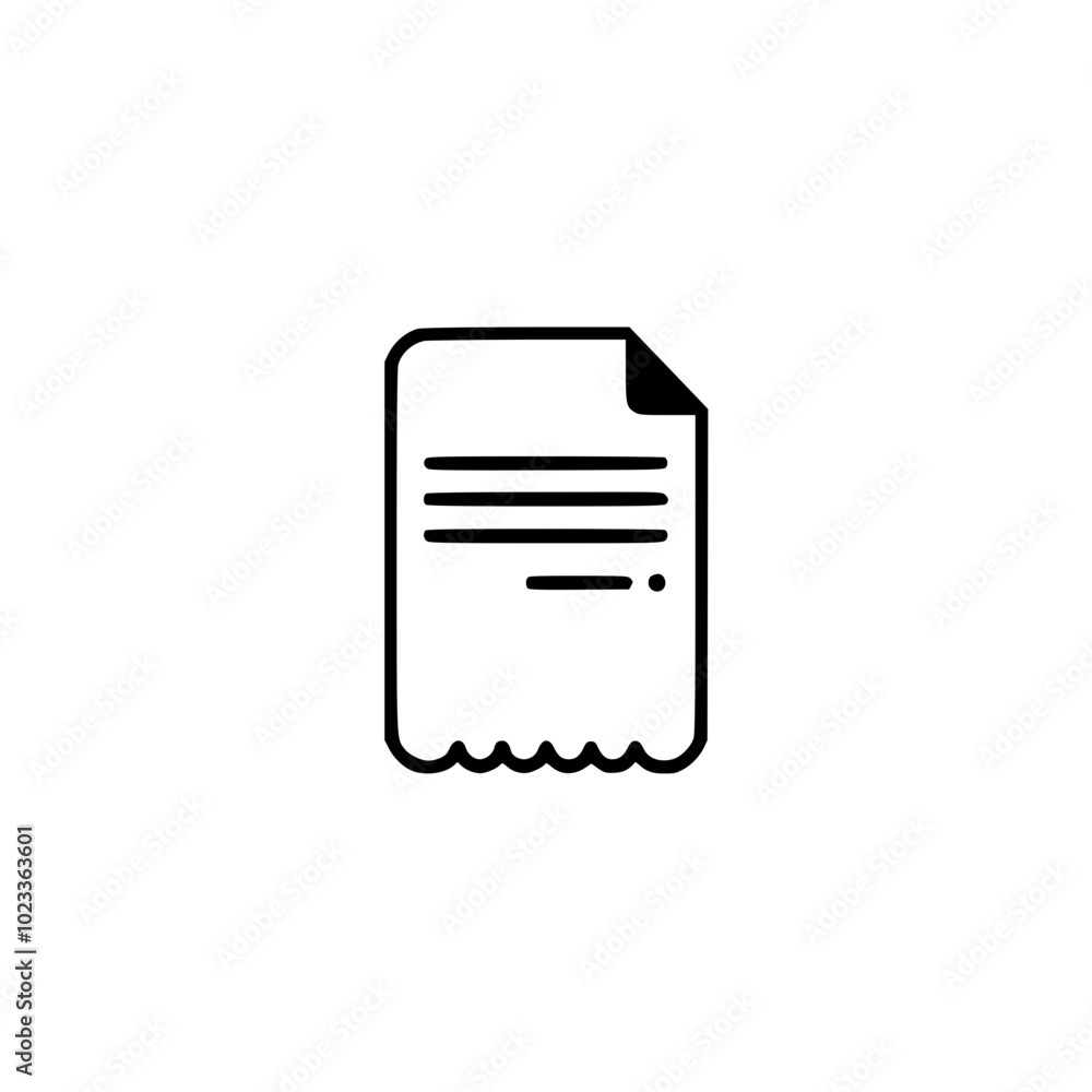 Minimalist icon of a receipt or document with a wavy bottom edge and text lines, set against a white background. Minimalist icon of a receipt or document with a wavy bottom edge and text lines, set against a white background.