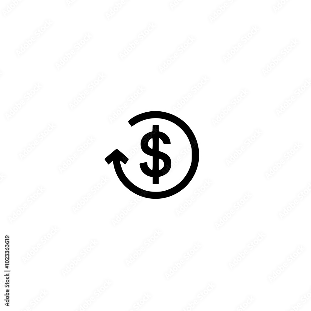 Black dollar symbol with curved arrow on white background, representing financial transactions or currency exchange. Black dollar symbol with curved arrow on white background, representing financial transactions or currency exchange.