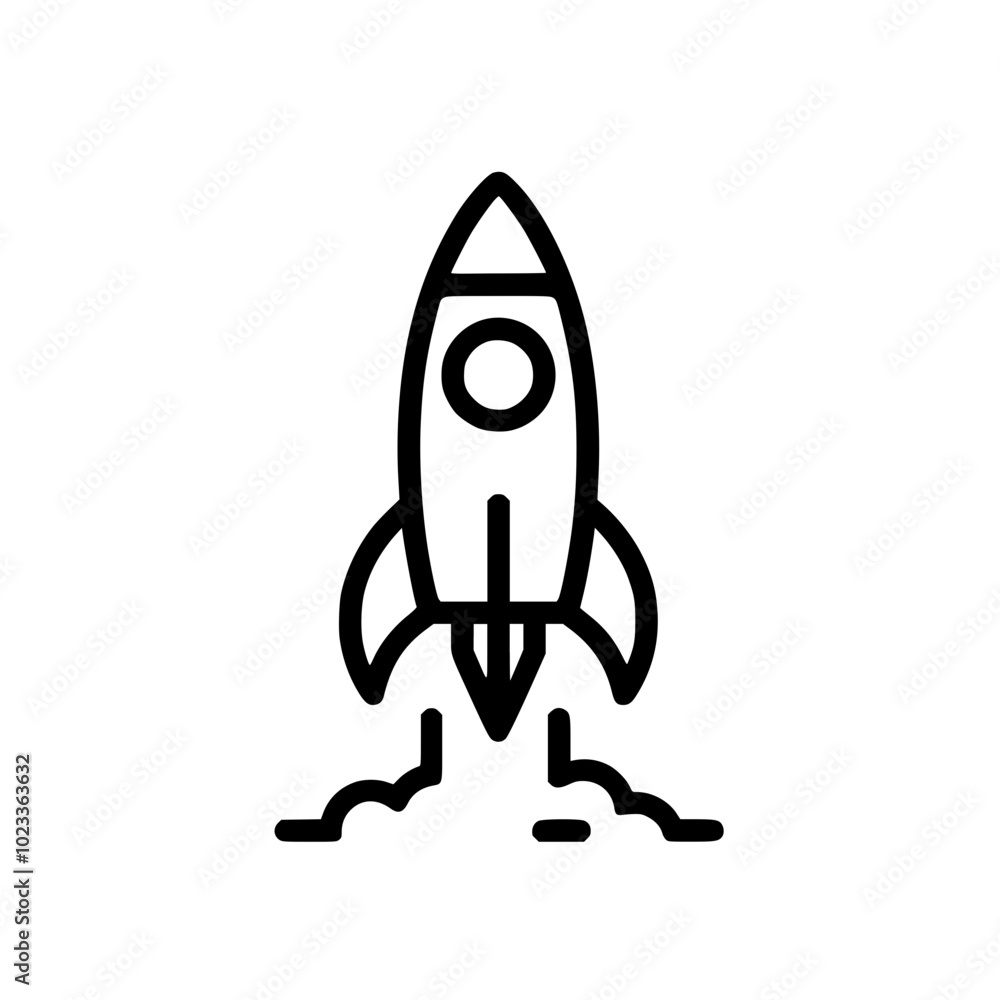 Simple black and white rocket icon symbolizing innovation and progress on a clean white background. Simple black and white rocket icon symbolizing innovation and progress on a clean white background.