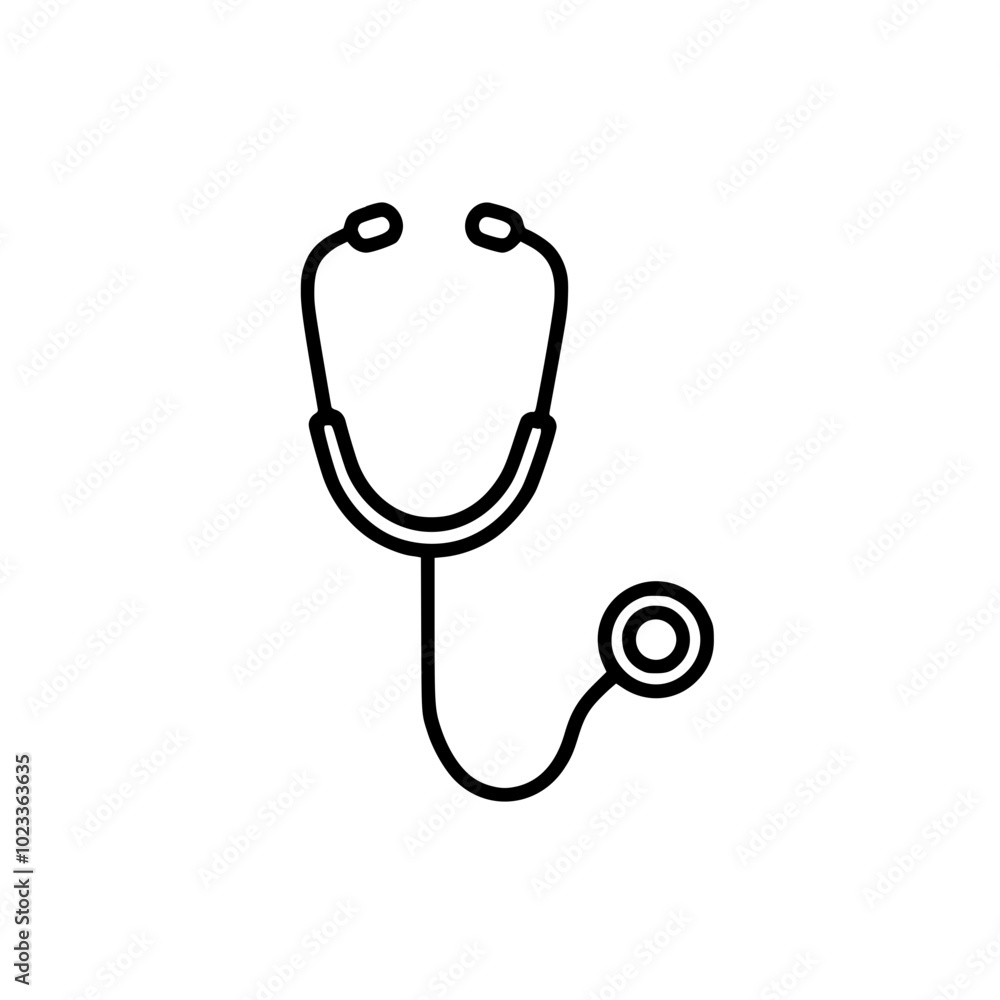 Simple black and white illustration of a stethoscope icon, symbolizing healthcare and medical diagnosis, against a plain white background. Simple black and white illustration of a stethoscope icon, symbolizing healthcare and medical diagnosis, against a plain white background.