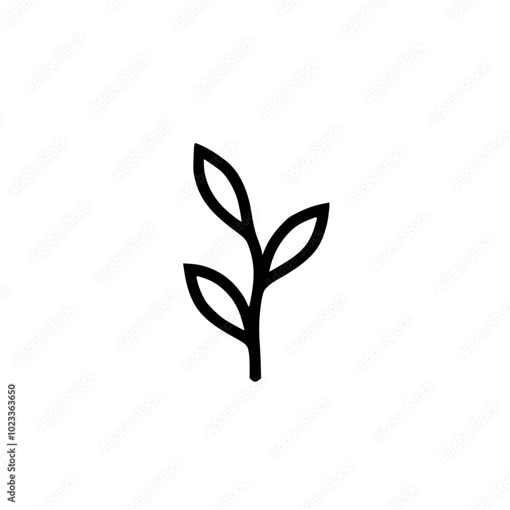 Minimalist black plant icon depicting a simple branch with three leaves against a white background. Minimalist black plant icon depicting a simple branch with three leaves against a white background.