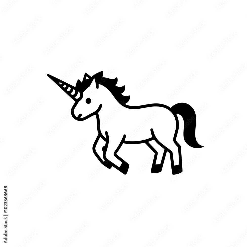A simplistic black and white unicorn icon featuring a mythical creature with a horn, depicted in a side profile on a plain background. A simplistic black and white unicorn icon featuring a mythical creature with a horn, depicted in a side profile on a plain background.