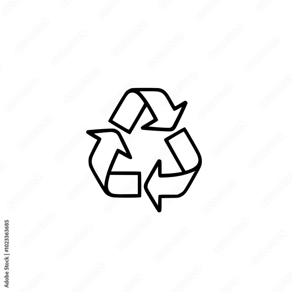 Minimalistic black and white recycling symbol with three arrows forming a triangle, representing sustainability and environmental awareness. Minimalistic black and white recycling symbol with three arrows forming a triangle, representing sustainability and environmental awareness.