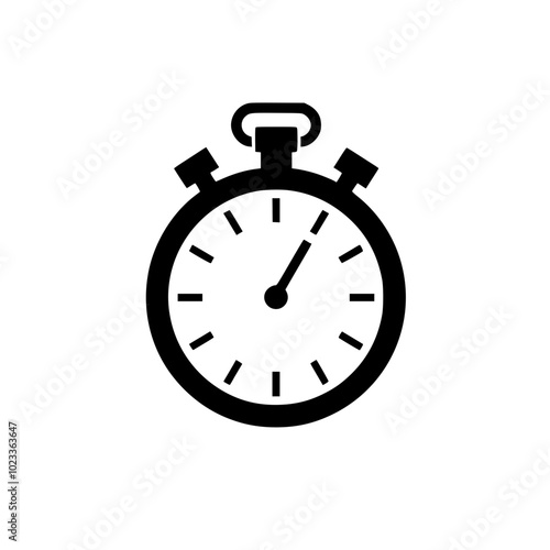 Black and white stopwatch icon with a simple, minimalist design on a white background, symbolizing time and precision.