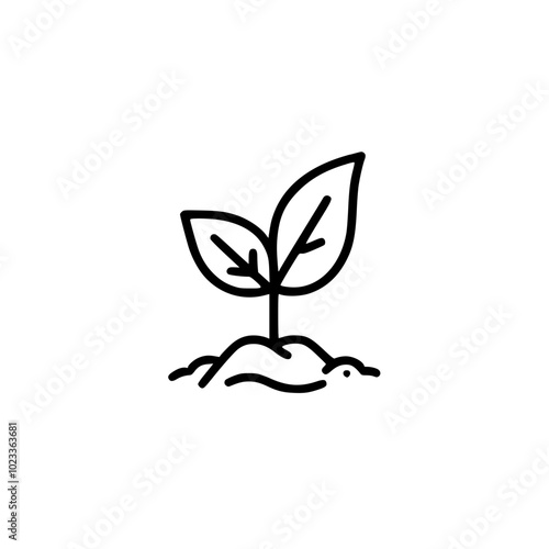 Minimalist black and white icon of a young plant sprouting from the ground, symbolizing growth and new beginnings.