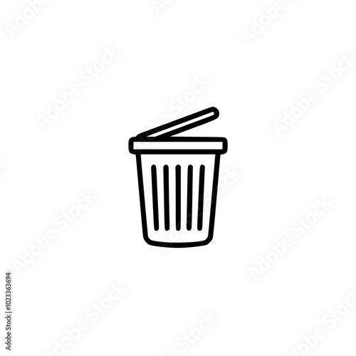 Minimalist black and white trash bin icon with open lid, symbolizing waste disposal and cleanliness.