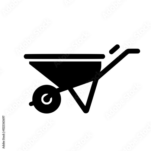 Silhouette icon of a wheelbarrow on a white background, depicting a basic garden tool used for carrying materials with a single wheel and handles.