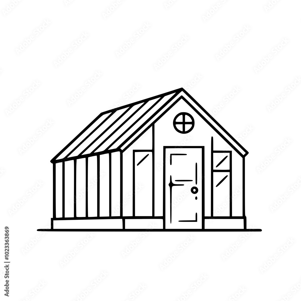 Black and white outline of a small greenhouse with a pitched roof and a detailed front door. Black and white outline of a small greenhouse with a pitched roof and a detailed front door.