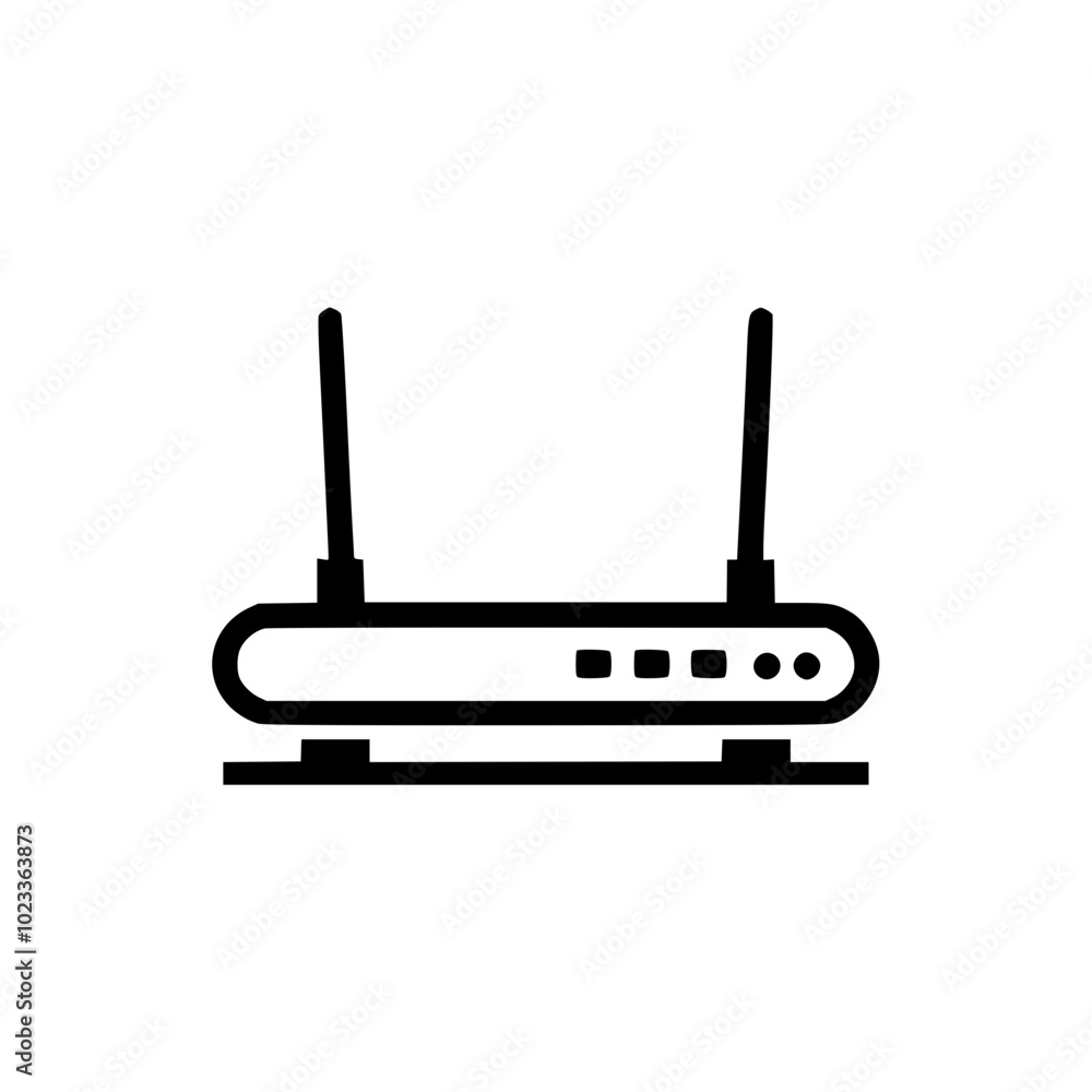 Black and white icon of a modern wireless router with two antennas and four indicator lights on a plain background. Black and white icon of a modern wireless router with two antennas and four indicator lights on a plain background.