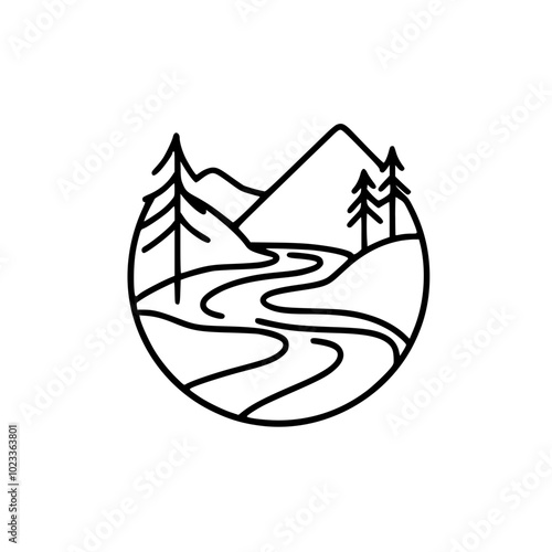 Simple black line art depicting a serene mountain landscape with pine trees and flowing river, enclosed within a circular frame. photo