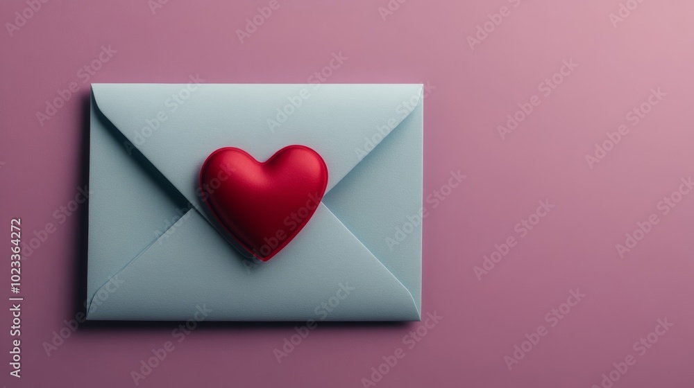 Sky blue Valentine's Day envelope with fuchsia heart sticker on a muted lavender background with space for text minimal romantic design Sky blue Valentine's Day envelope with fuchsia heart sticker on a muted lavender background with space for text minimal romantic design