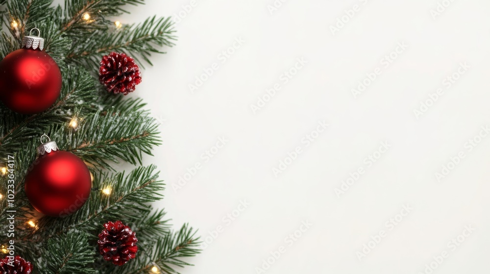 Snow-covered pine branches with red Christmas ornaments and twinkling fairy lights, isolated on a soft gradient background Snow-covered pine branches with red Christmas ornaments and twinkling fairy lights, isolated on a soft gradient background