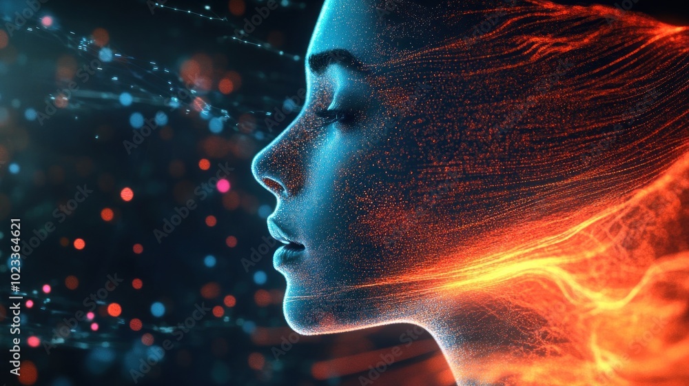 Digital artwork with face silhouette amidst fire lines Digital artwork with face silhouette amidst fire lines