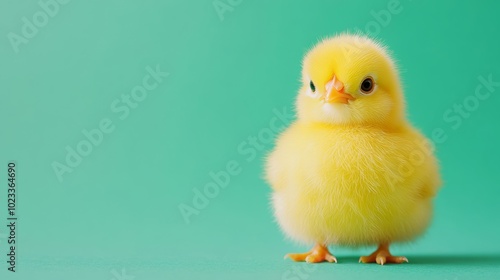 Soft lemon yellow Easter chick on a mint green background with negative space for holiday messages playful and fresh palette 