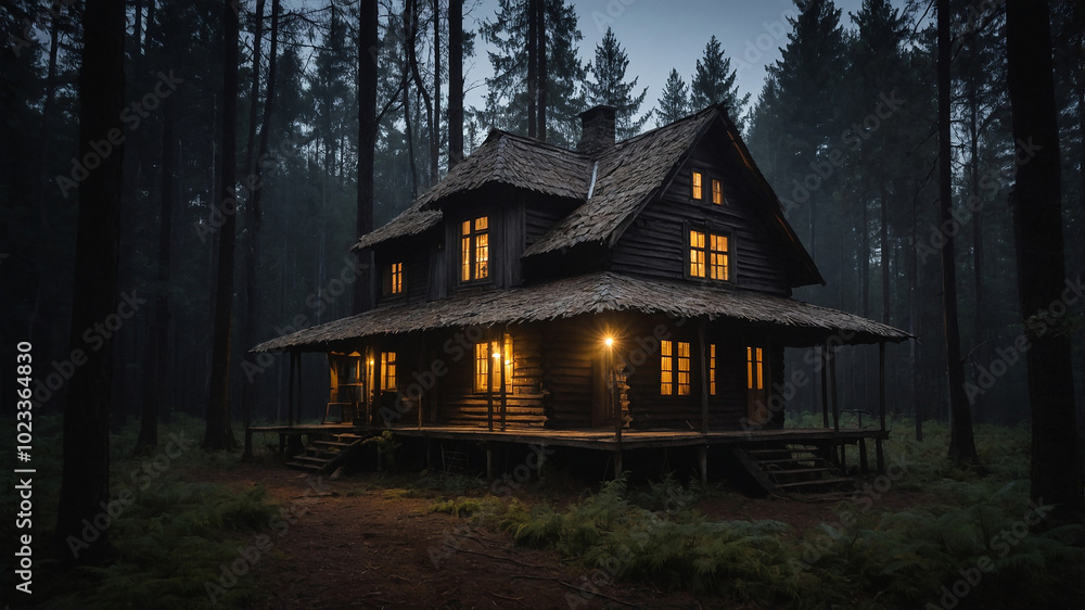 Rustic cabin glowing warmly in a dark, misty forest setting surrounded by tall, shadowy trees. Rustic cabin glowing warmly in a dark, misty forest setting surrounded by tall, shadowy trees.