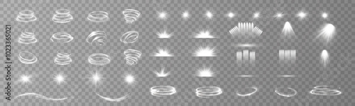 Set of lighting effects. Flash of light, explosion, shine, dust, line, whirlpool, whirlpool, spotlight. .	