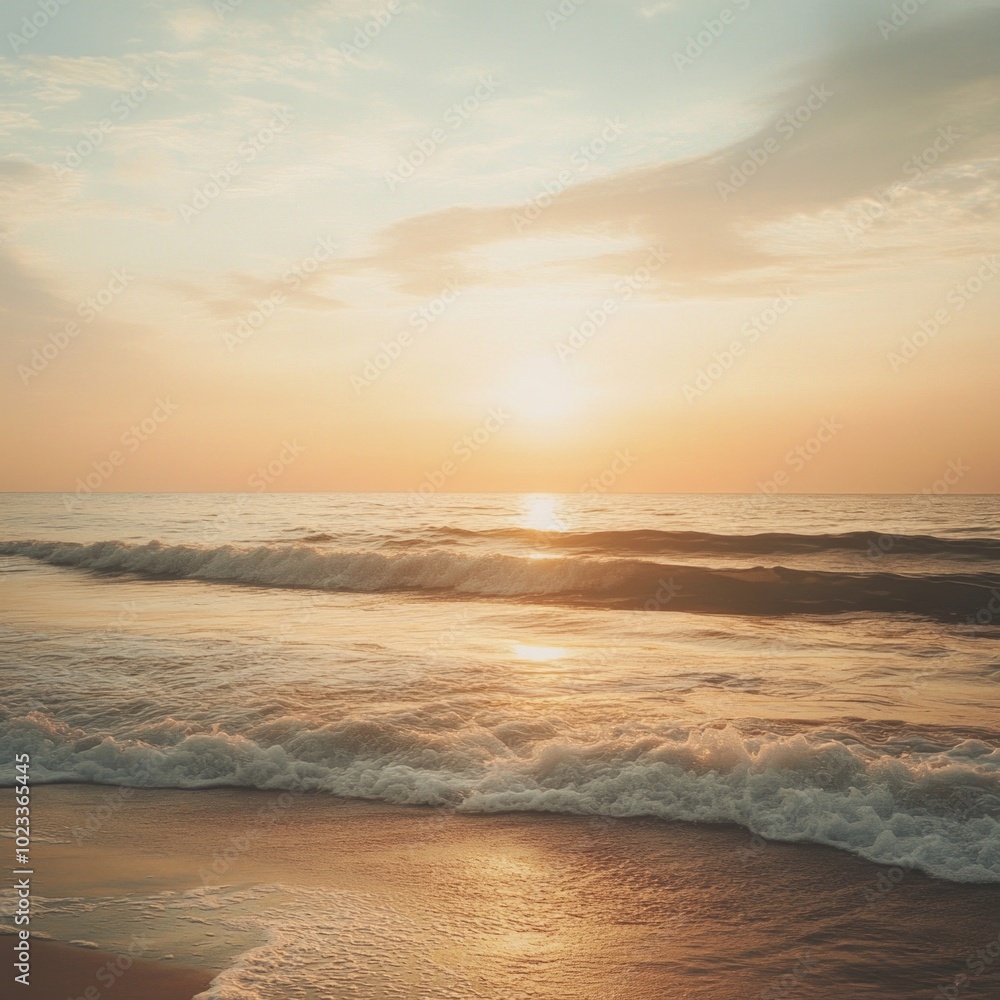 Stunning sunset view over a calm beach with golden skies and gentle waves. Ideal for travel, vacation, or relaxation themes. Stunning sunset view over a calm beach with golden skies and gentle waves. Ideal for travel, vacation, or relaxation themes.