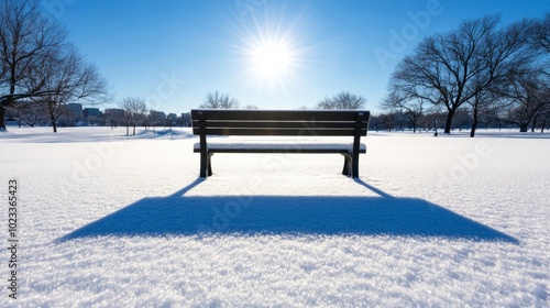 Wallpaper Mural Sparkling snow-covered park bench bathed in bright sunlight, surrounded by glistening snowflakes and clear blue skies  Torontodigital.ca