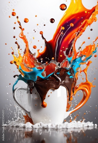 dynamic coffee splash captured vibrant multicolored cup bright background, liquid, drink, espresso, aroma, mug, surface, swirl, vivid, barista, motion photo