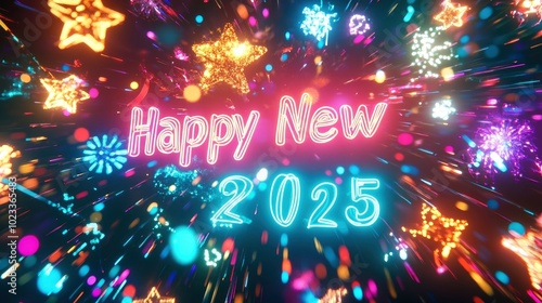 Happy New Year 2025 glowing in neon teal, with a backdrop of colorful light trails and stars.