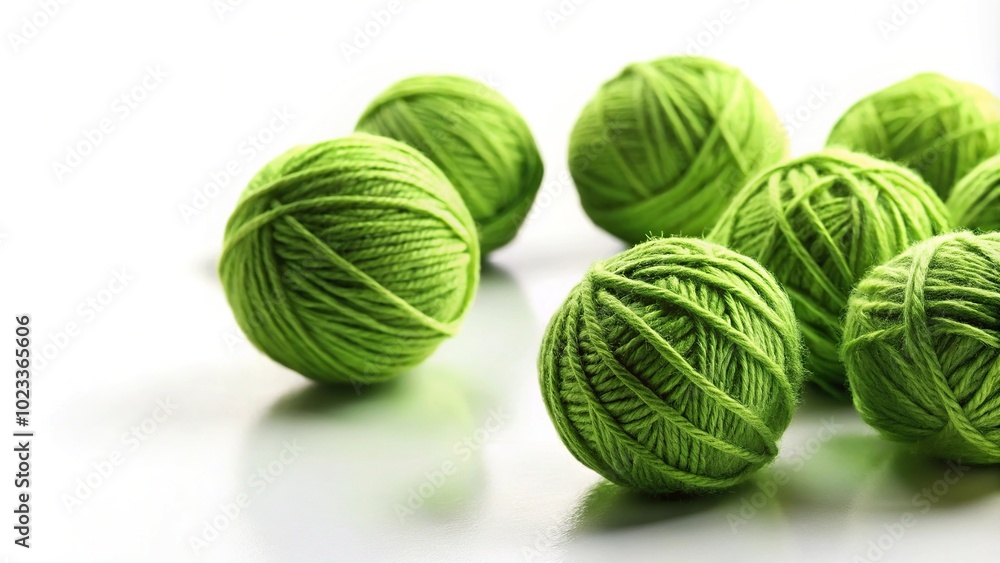 Fototapeta premium Green balls of yarn on a plain white background