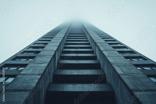 Dystopian Brutalist Skyscraper Architecture Highlighting Raw Concrete Forms, Harsh Lines, and Minimalist Urban Vision