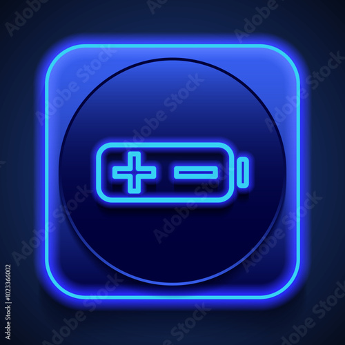 Battery, plus minus simple icon. Flat design. Blue neon style on button. With shadow