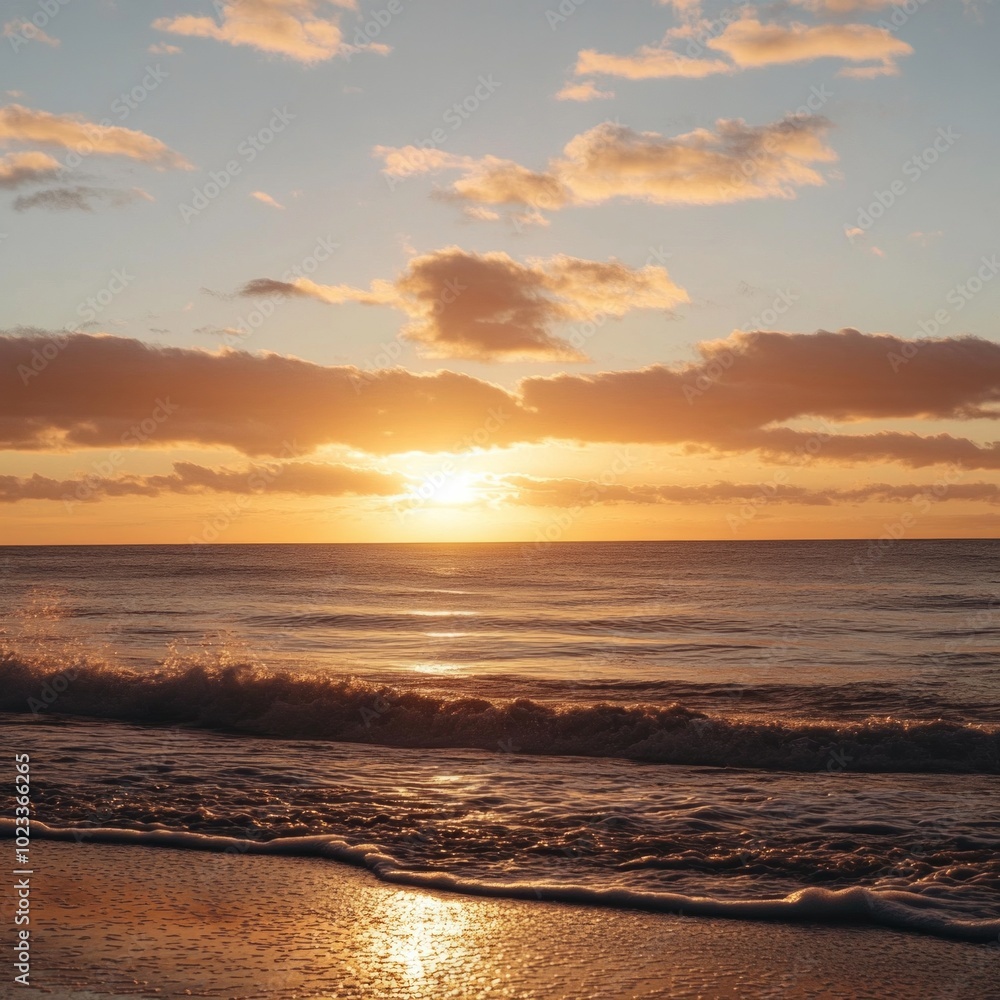 Obraz premium Stunning sunset view over a calm beach with golden skies and gentle waves. Ideal for travel, vacation, or relaxation themes. 