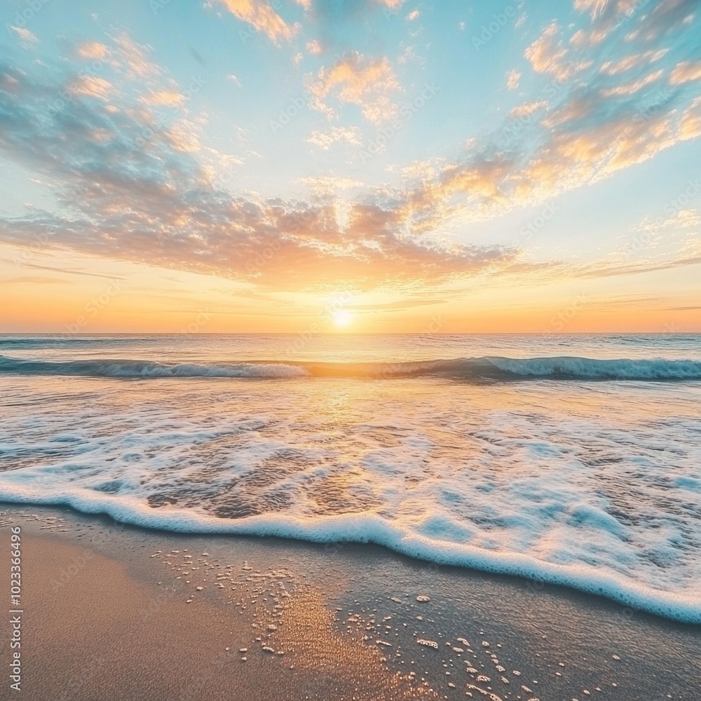 Stunning sunset view over a calm beach with golden skies and gentle waves. Ideal for travel, vacation, or relaxation themes. Stunning sunset view over a calm beach with golden skies and gentle waves. Ideal for travel, vacation, or relaxation themes.