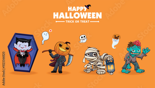 Vintage Halloween poster design with vector vampire, zombie, mummy, ghost, jack o lantern character. 