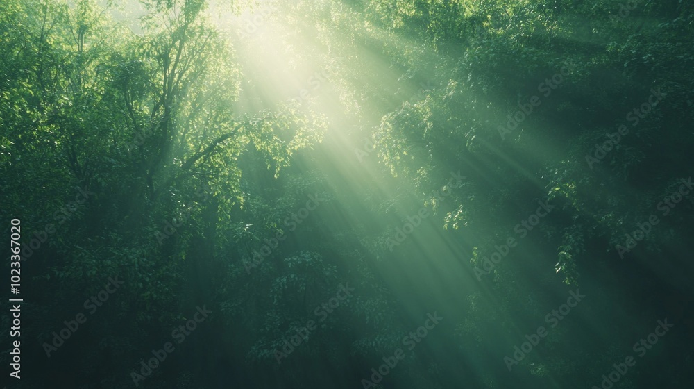 Sunlight breaking through the dense canopy of a lush green forest. Ideal for nature, environmental conservation, and tranquility themes. Sunlight breaking through the dense canopy of a lush green forest. Ideal for nature, environmental conservation, and tranquility themes.