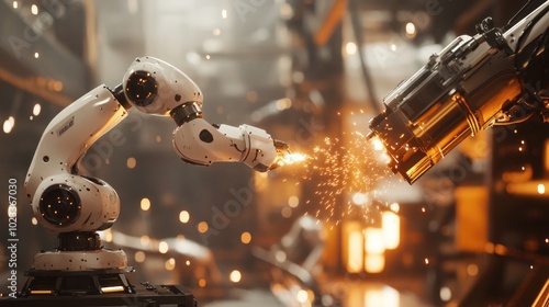 A robotic arm interacts with a welding tool, creating sparks in an industrial setting.