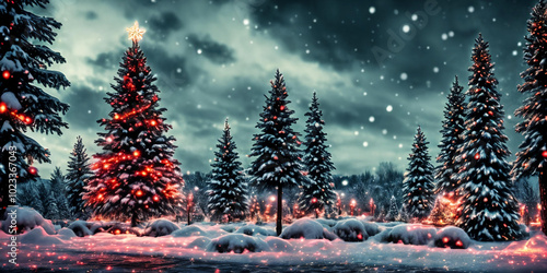 A serene night scene of a Christmas tree forest
