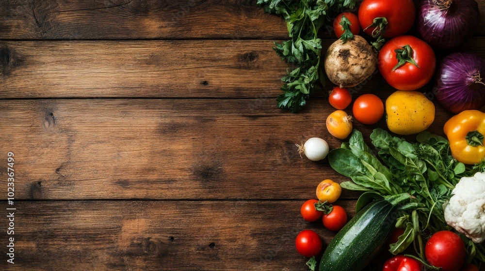 Top view of fresh organic vegetables on rustic wooden table. Perfect for health, diet, organic farming, and vegetarian-related content. Top view of fresh organic vegetables on rustic wooden table. Perfect for health, diet, organic farming, and vegetarian-related content.