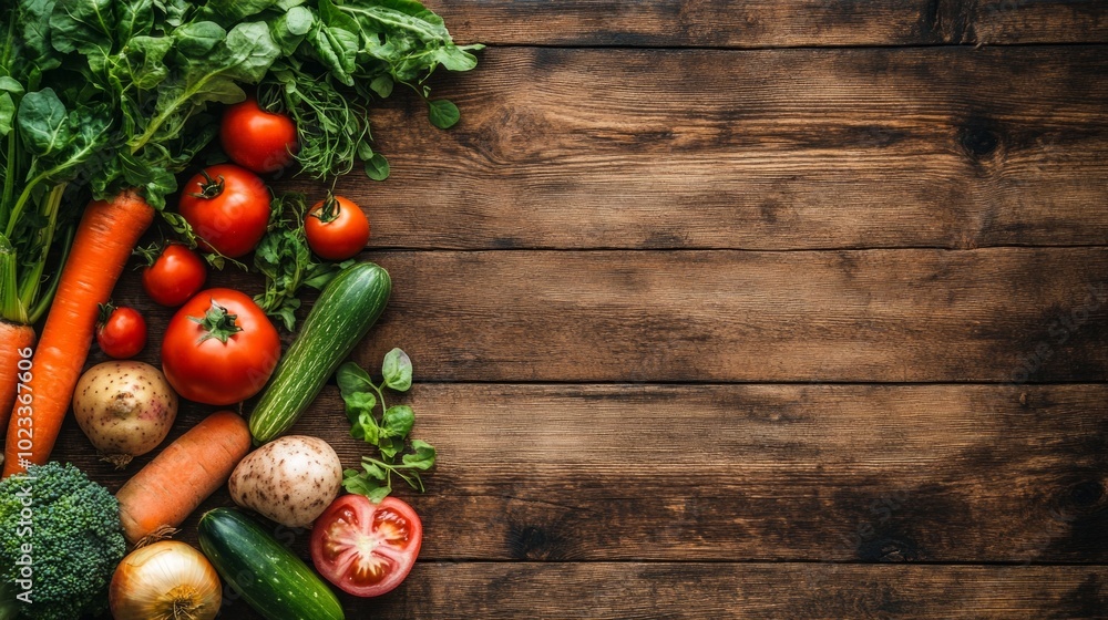 Top view of fresh organic vegetables on rustic wooden table. Perfect for health, diet, organic farming, and vegetarian-related content. Top view of fresh organic vegetables on rustic wooden table. Perfect for health, diet, organic farming, and vegetarian-related content.