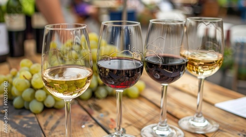 The vibrant Bordeaux wine festival highlights an elegant assortment of red, white, and rosé wines in glasses. Fresh grapes accompany the tasting setup on rustic wooden tables